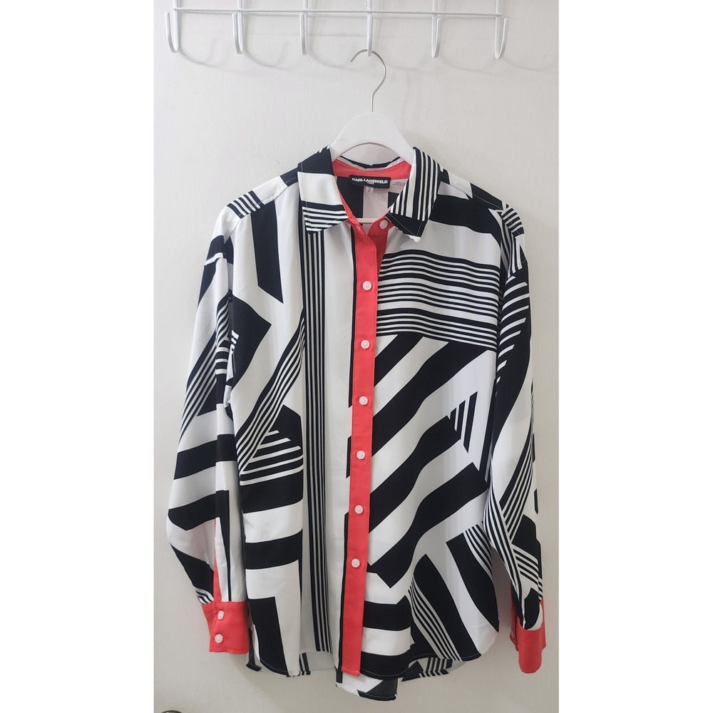 Karl Lagerfeld Paris Womens Medium Geometric Stripe Button Down Blouse Black Red